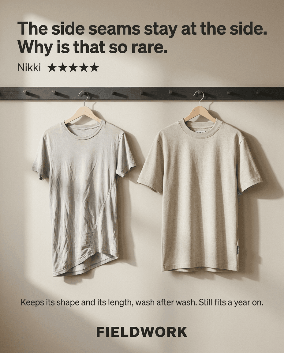 Us vs them ad for Fieldwork: Pre-shrunk twice. Still true to size after 50 washes.