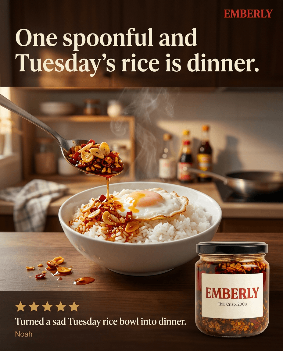 Lifestyle ad for Emberly: Savoury first, then the heat, and it stays crunchy