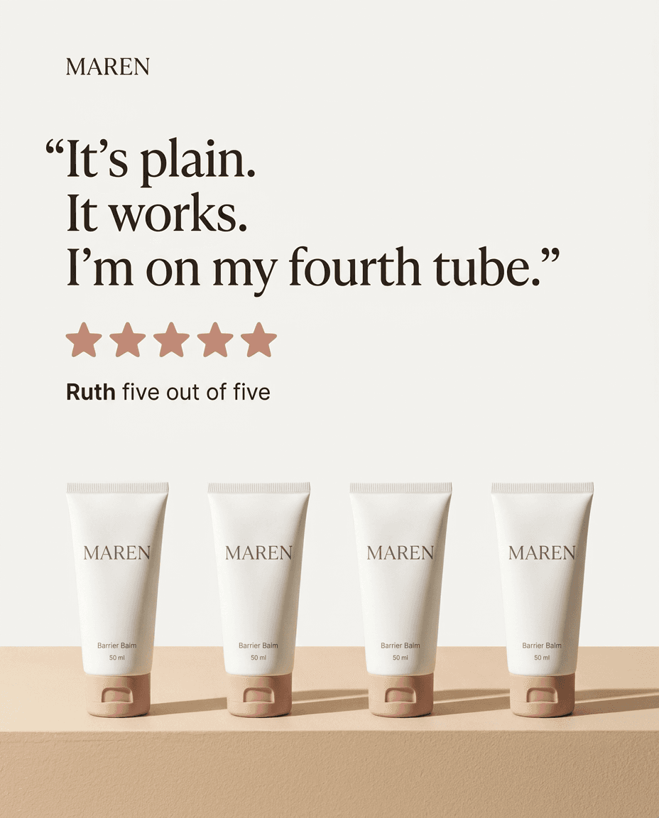 Customer review ad for Maren Skin: One tube lasts about 3 months